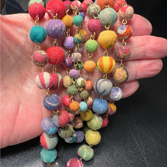 Kantha Multi Strand Colorful Textile Handmade Gold Tone Beaded Exotic Necklace - Picture 8 of 11